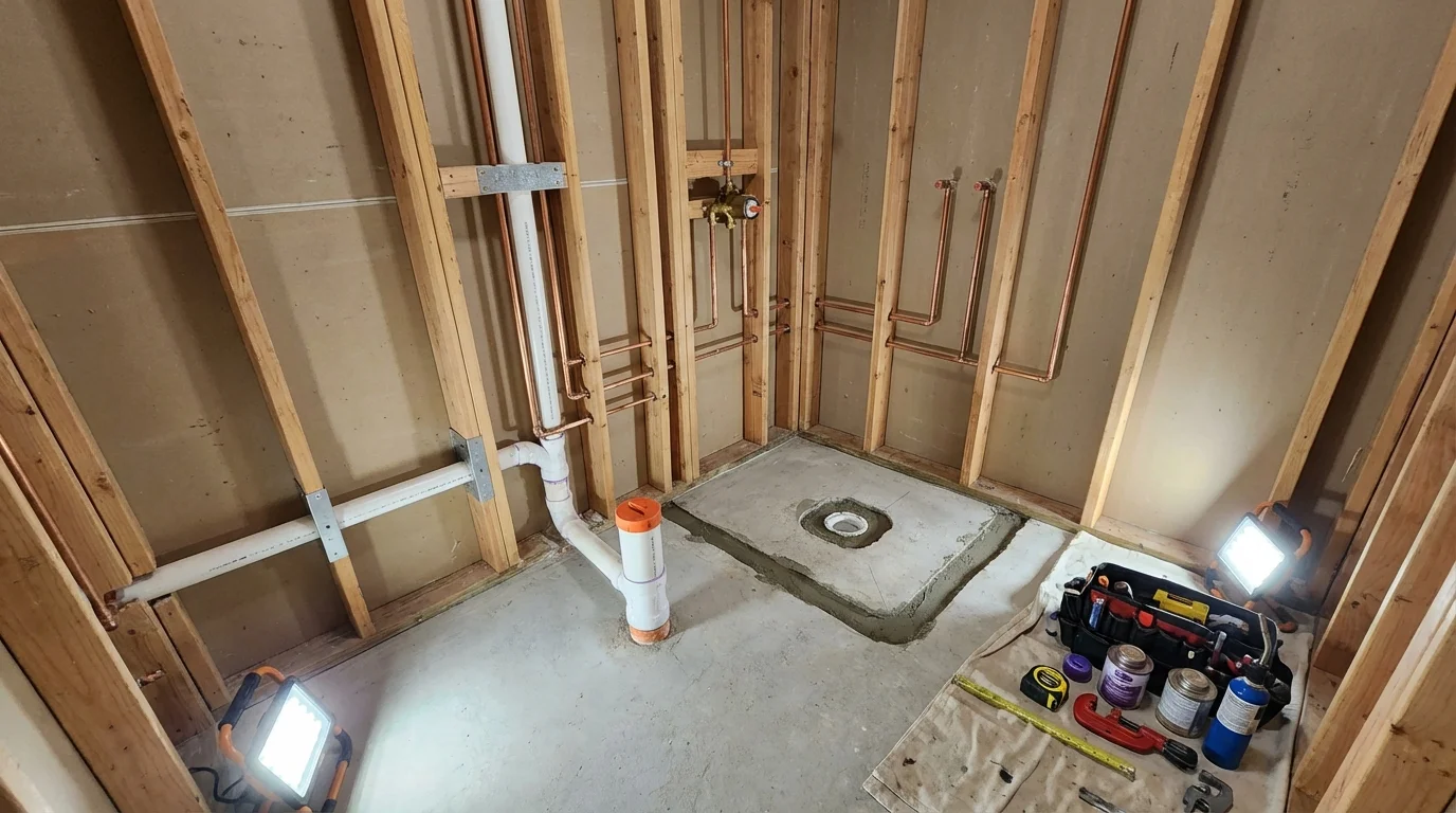 Bathroom rough-in plumbing during remodel by Johns Plumbing LLC in Shandon