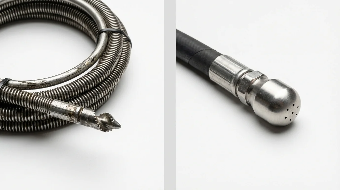 Drain snake cable and hydro jetting nozzle used for drain cleaning in Shandon, CA