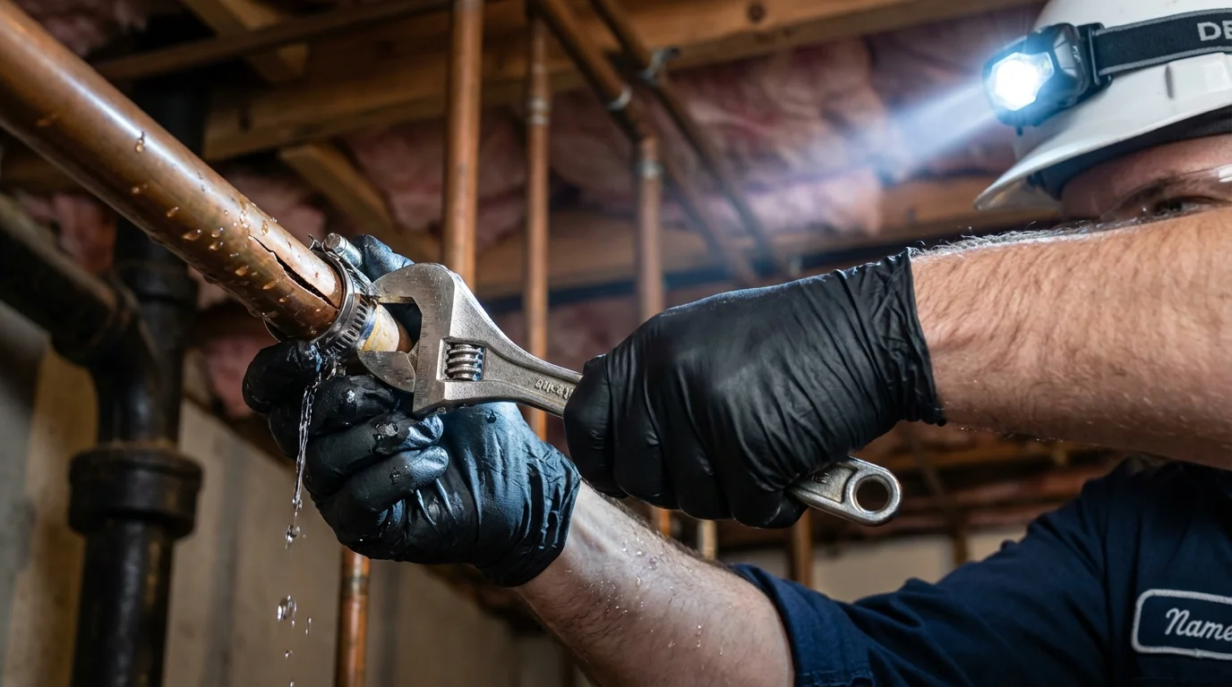 Emergency pipe clamp repair being performed by a Johns Plumbing LLC plumber in Shandon