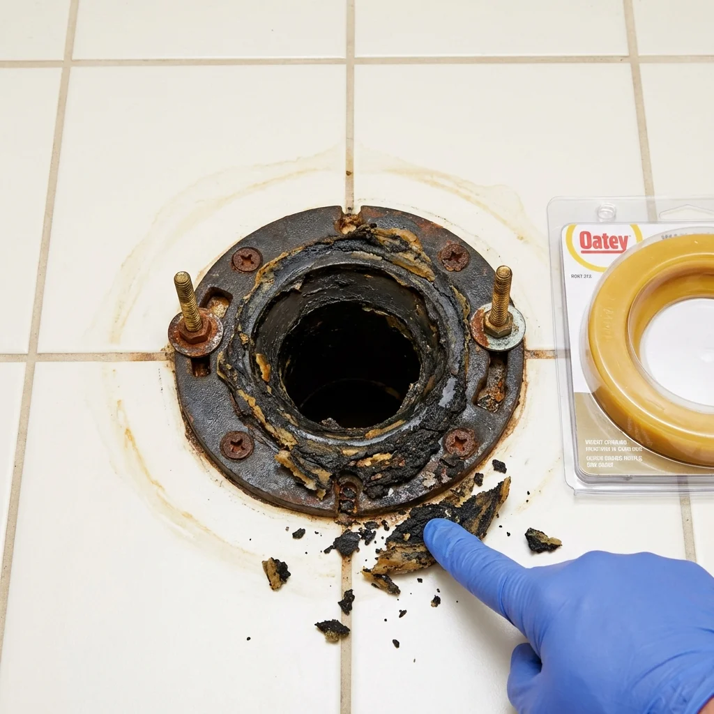 Failed wax ring showing water seepage at the base of a toilet in a Shandon, CA home