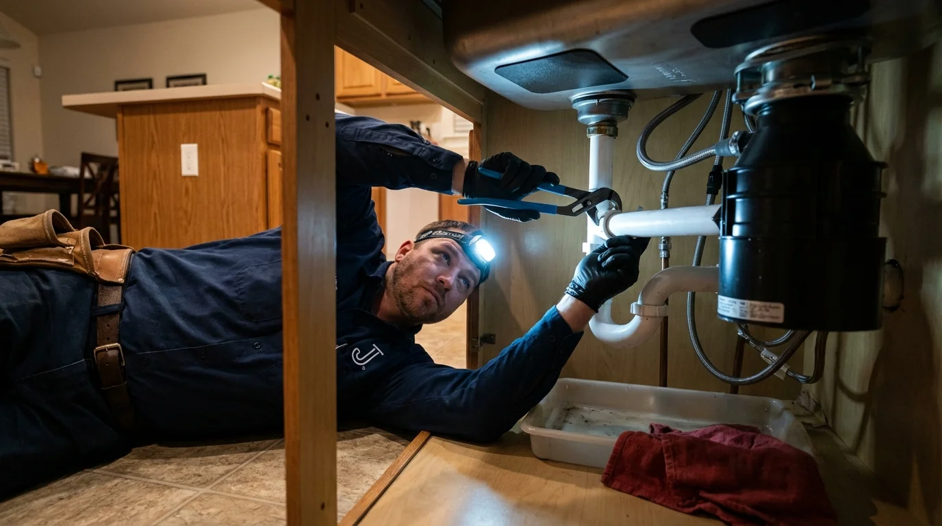 P-trap and supply line connections under a kitchen sink showing a common leak point in Shandon, CA